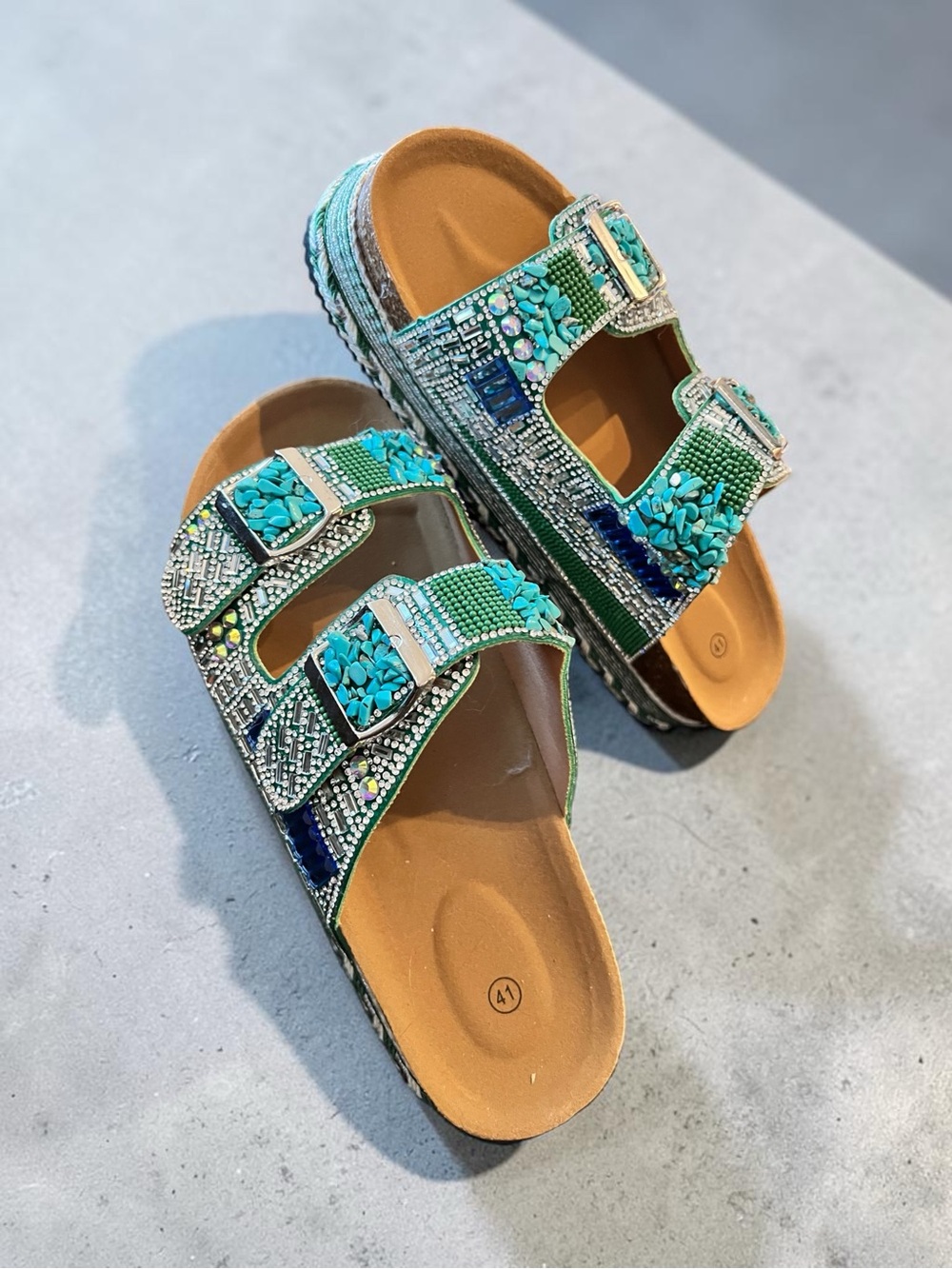 Women’s Turquoise, Blue &Green with Sparkle Accents Double-Buckle Slide Sandals - Picture 3 of 10